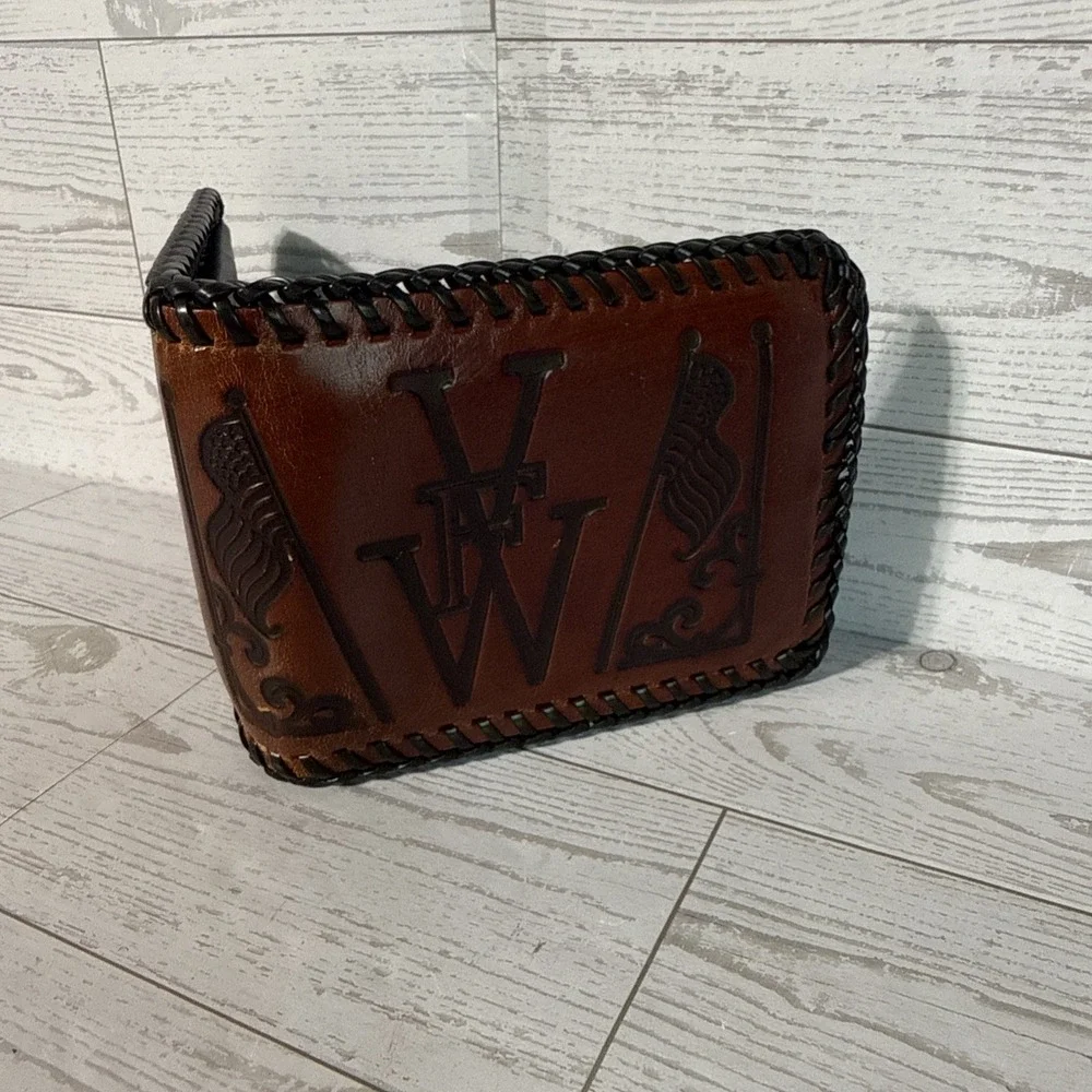 VTG Bifold Leather Wallet Hand Tooled Whipstitch USA Made VFW Veteran Military
